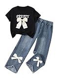 Verdusa Cute Outfits for Girls 10-12 Graphic Tees and Straight Leg Jeans Set with Bows Tween Girls Trendy Clothes Black 11 Years
