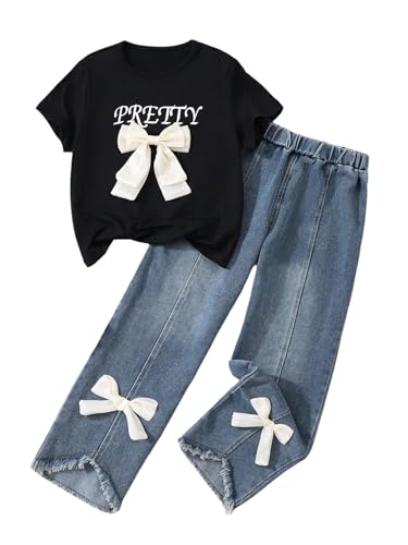 Verdusa Cute Outfits for Girls 10-12 Graphic Tees and Straight Leg Jeans Set with Bows Tween Girls Trendy Clothes Black 11 Years