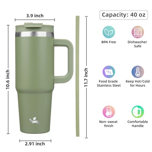 Image of Konokyo 40 oz Insulated Tumbler Water Bottle with Handle, Straw Lid | BPA-free and dishwasher safe; made for gym, travel, coffee and gifting, 2 straws, cup holder friendly,Army Green