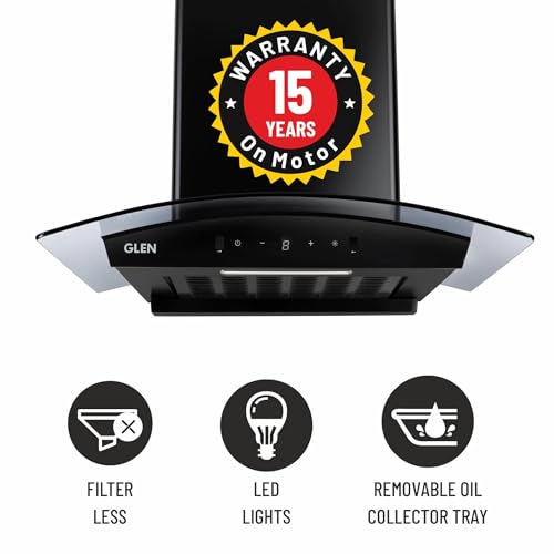 Image of Glen Chimney Auto Clean Curved Glass Filter-less Kitchen Chimney for home 76cm Motion Sensor control with Digital Display 1500 m3 /h (6059 DI BL AC)