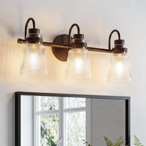 Image of 3-Light Bathroom Vanity Light, Farmhouse Bathroom Light Fixture with Clear Striped Glass Shade, 18.8 Inch Oil Rubbed Bronze Wall Sconce Lighting Over Mirror for Bedroom Hallway Cabinet