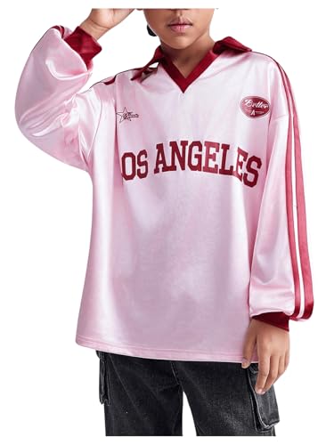 SweatyRocks Girl's Oversized Letter Graphic Print T Shirt Long Sleeve Collared Tees Top