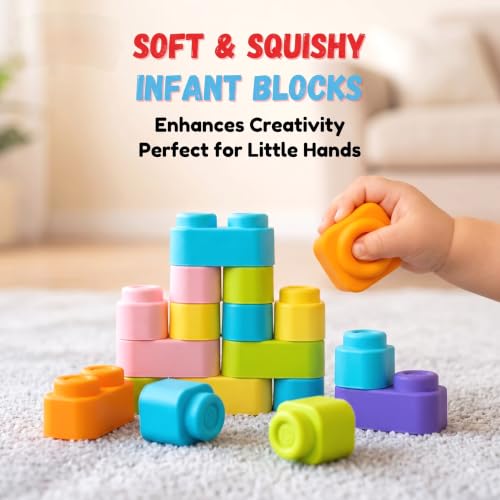 Image of Squishy Building Blocks, 21 Pcs, Non-Toxic Teething Toy, Infants 5M+