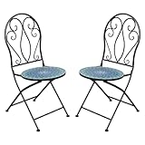 Sunnydaze Mosaic Tile Folding Bistro Chairs with Iron Frame - Set of 2 - Compact Folding Design - Black Frame with Scroll Back