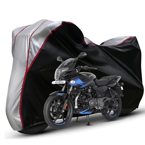Image of Waterproof Bike Body Cover Compatible with Bajaj Pulsar 220f Dustproof Scratchproof - Motorcycle Cover for Two Wheeler, Outdoor Full Cover with UV, Duty, Rain Protection (Black Top Silver)