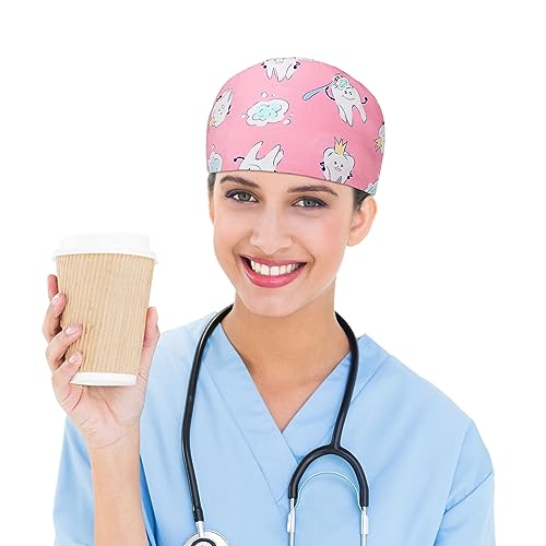 Image of Unittype 12 Pcs Dental Caps for Women Adjustable Dentist Scrub Cap Elastic Nurse Hats Teeth Pattern Working Hats Bulk