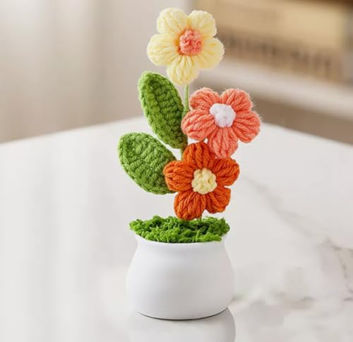 Image of VRB Dec PlasticTM 1 Pcs Crochet Flowers Artificial Daisy for Office Desk Car Dashboard Decor,Home Decoration, Office, Bedroom, Christmas Decor, Wedding,Diwali. (Triple Yellow Daisy with Pot)