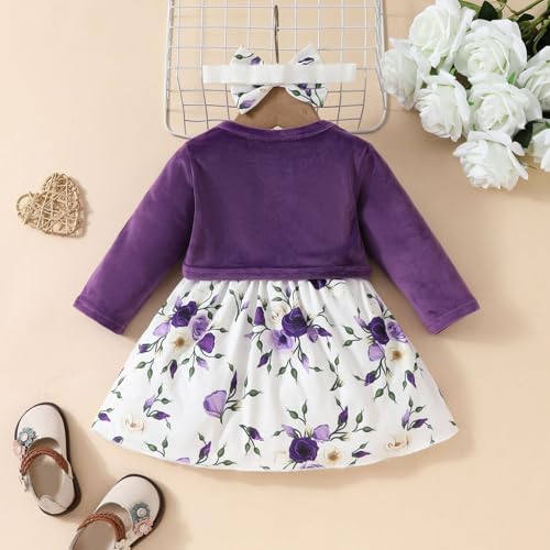FYMNSI 1st Birthday Girl Outfit Long Sleeve Velvet Cardigan Floral Turu Dress Headband Toddler Baby Girls Fall Winter Clothes3