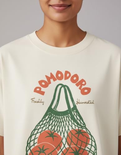 Image of Oversized Cotton T-Shirt for Women Half Sleeve Pomodoro Printed Tee - Breathable Loose Fit Asthetic Casual Wear for College and Daily Ou Outfits, Streetwear