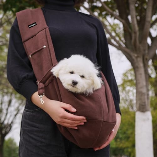Sac à bandoulière pour chien avec poche de rangement et boucle de sécurité renforcée marron