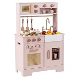 COSTWAY Kids Play Kitchen, Wooden Pretend Toy Kitchen with Realistic Lights & Sounds, Stoves, Sink, Faucet, Oven, Ice Machine, Microwave, Coffee Maker, Children Chef Role Playset for 3+ (Pink)