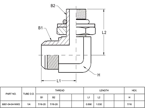 Image of (2-PACK) 6801-04-04-NWO Hydraulic Hose Adapter Fitting 1 /4 inch Male JIC 37 Flare (7 /16-20 UNF) x 1 /4 inch Male Adjustable Nut O-Ring Boss (7 /16-20 UNF) 90 Elbow SAE Pipe Connector Carbon Steel