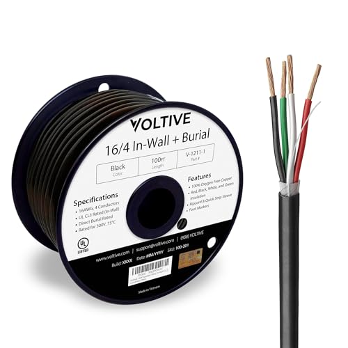 Voltive 16/4 Speaker Wire, in-Wall CL3 & Direct Burial, Black, 100ft - 16AWG, 4 Conductors, Stranded Oxygen-Free Copper, UL Listed - V-1211-1
