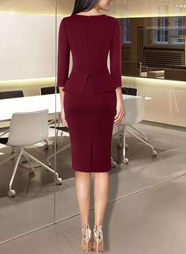 Image of VFSHOW Womens Wear to Work Front Zipper V Neck Peplum Business Office Church Flattering Pencil Sheath Dress