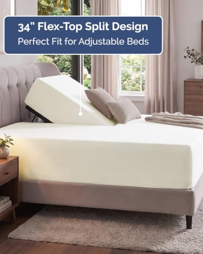 Image of Extra Deep Flex Top Split Head King Fitted Sheet - Hotel Luxury Single Fitted Sheet Only - Easily Fits 18 inch to 24 inch Mattress - Ultra Soft, Wrinkle Free w /Extra Deep Pockets - Antique White