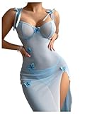 RoseSeek Women's 2 Piece Lingerie Set Bow Front Mesh Split Underwire Babydoll Lingerie Dress with Thong Blue Small