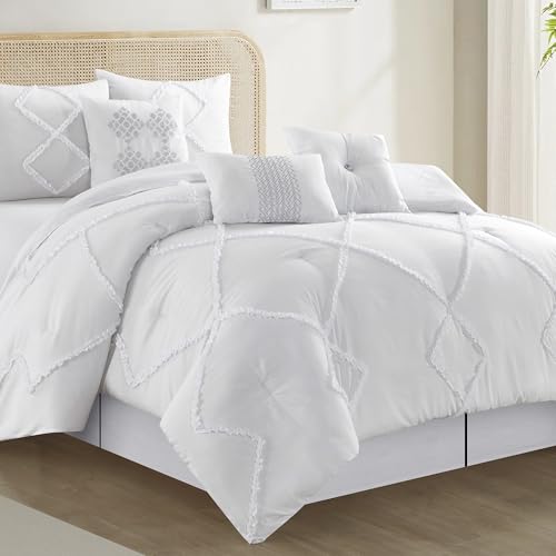 Image of LANCO MODERN LIFESTYLE 7 Pieces White Comforter Set, Queen Size, 3D Clip Jacquard Bedding Set for All Seasons, Ultra Soft and Fluffy, Matching Pilllow Shams, Bedskirt and Decor Pillows