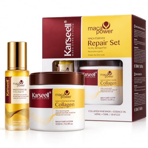 Karseell MACA CARE SYSTEM Pack Reparación Capilar Profesional Mascarilla de Colágeno 500ml + Sérum Aceite de Argán 50ml Coco Aguacate Karité Hidratación Nutrición Antifrizz Brillo Cabello Seco Dañado