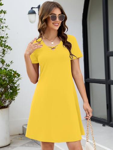 Image of KORSIS Women's Dresses Summer Casual T-Shirt Short Sleeve Criss Cross V Neck Swing Beach Vacation Sundress Dress with Pockets