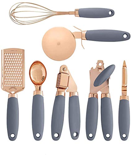 ROYALTEC Juego de utensilios de cocina de 7 piezas con revestimiento de cobre de acero inoxidable con asas grises de tacto suave (gris)