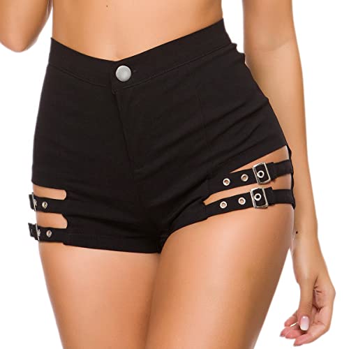 IWEMEK Gothic Women Black Faux Leather High Waisted Shorts Punk Goth Disco Rave Party Pole Dance Booty Shorts Bandage Bodycon Hot Pants Night Out Clubwear Black 05 M