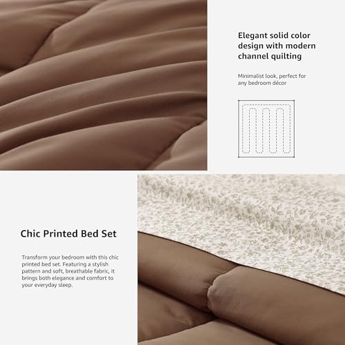 Image of Monbix Queen Comforter Set - 7 Pieces Brown Bed in a Bag Queen Track Stitching Bedding Sets, All Seasons Comforter Bed Set with Sheets,Pillowcases & Shams