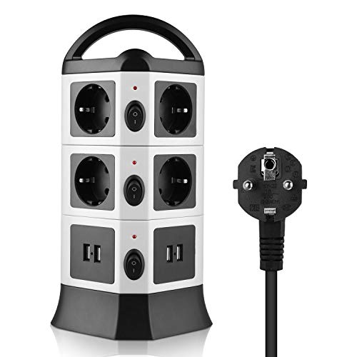 Steckdosenleiste Mehrfachsteckdose 10 Fach Steckdosenturm (2500W/10A) Mehrfachstecker mit 4 USB Ladeanschlüsse, 3 Schalter Steckerleiste und