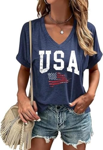 USA Flag V-Neck Shirt Women Stars and Stripes Graphic Tops Red White and Blue Short Sleeve Tee Summer Patriotic T-Shirt(XXL Blue-K)