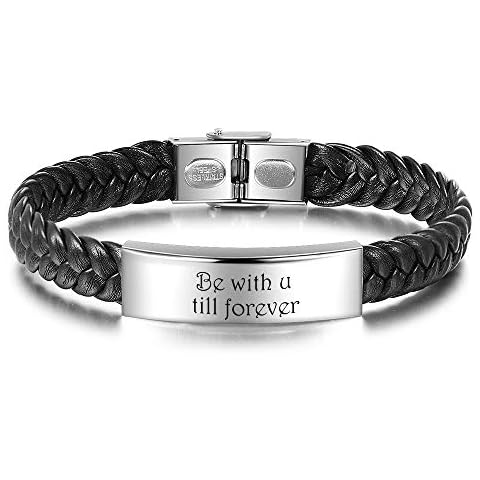 Kaululu Mens Womens Bracelet Personalised Mens Womens Leather Bracelet with Names Dates Engraving Stainless Steel Customised Couple Bracelet Personalized Birthday Gift for Boyfriend (Black) Cover
