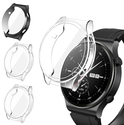 ivoler 3 Piezas Funda con Protector de Pantalla para Huawei Watch GT 2 Pro, Protección Completa Carcasa Protectora Delgado Suave TPU Anti-Arañazos Case, 2 Transparente + 1 Negro