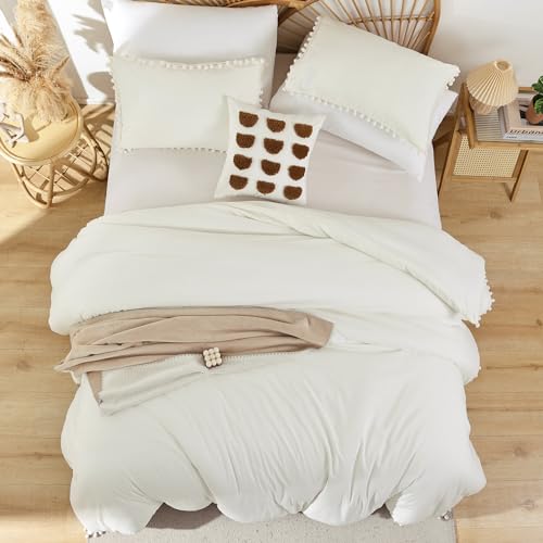 YIRDDEO Ivory Queen Ball Pom Fringe Comforter Set 3pcs, Boho Off White Aesthetic Luxurious Queen Bedding Set 3 Pieces, Vintage Ultra Soft Microfiber Comforter Set