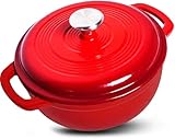KICHLY Emaillierter Gusseisen-Bräter 5QT, runder Schmortopf mit Deckel, ofenfest bis 260 °C, zwei Griffe, strapazierfähiges Kochgeschirr mit Antihaftbeschichtung zum Schmoren,für, rot