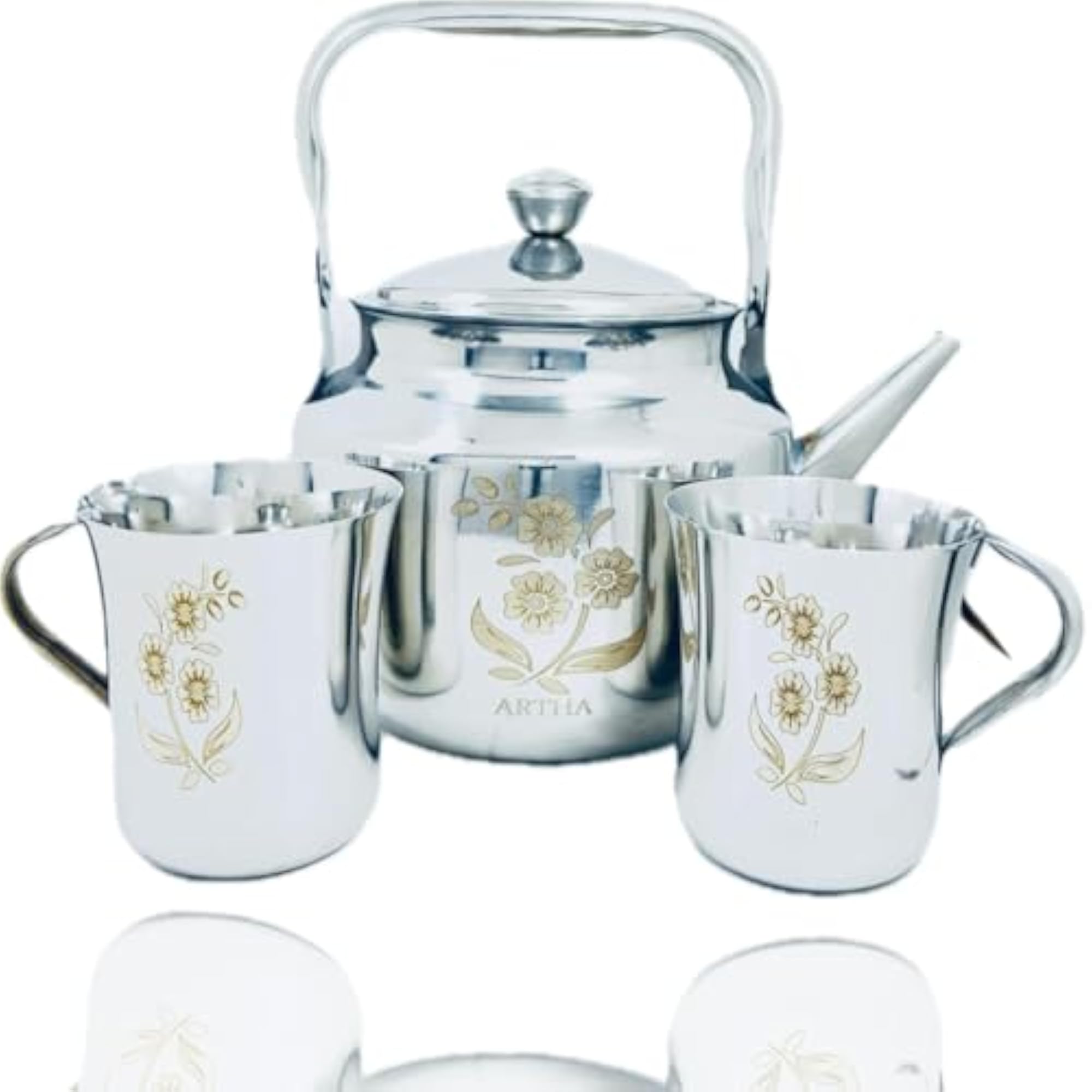 Stainless Steel Laser Printed Tea Kettle with Cups Set