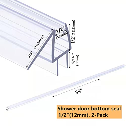 Shower Door Bottom Seal with Sweep 2Pack, 39"(990mm) Length PVC Clear Strips for 1/2"(10mm) Thick Frameless Glass Door, to Stop Water Leaking - Thumbnail 2