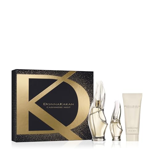 Donna Karan Cashmere Mist Eau de Parfum Essentials 3 Piece Gift Set For Women - Perfume Spray 3.4 Fl. Oz., Deluxe Miniature 0.5 Fl. Oz., & Body Lotion 3.4 Fl. Oz.