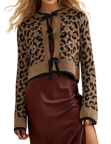 OLAPTA Women Leopard Print Bow Tie Up Cardigan Sweaters Long