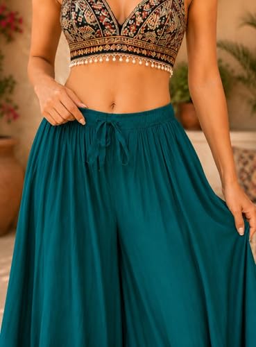 Image of TNQ Palazzo Pants for Women Rayon Full Flared Free Size | for Any Kurti | Ethnic Or Casual Wear (IN, Alpha, 2XL, Teal Green)