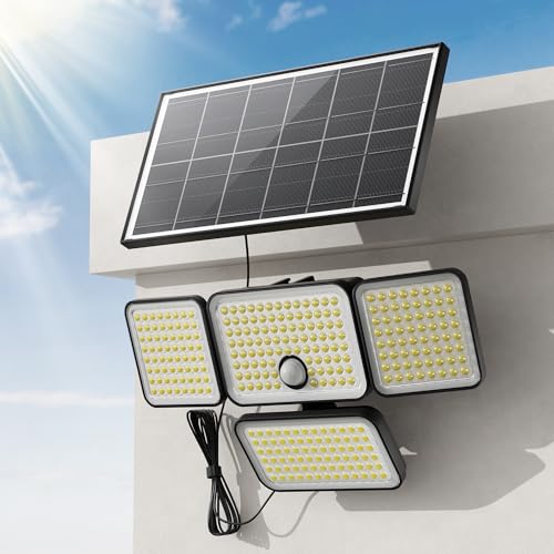 JACKYLED Solar Lights Outdoor, 4000mAh Security Lights with Larger Solar Panel & 16.4FT Cable, 4-Head Motion Sensor Lights with Remote Control, IP65 Waterproof 270° Wide Flood Wall Lights (1 Pack)