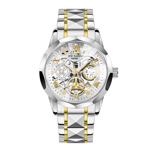 Image of Men's skeletonized quartz watch with black and gold two-tone stainless steel case, analog display, date display, water-resistant, luminous display, men's waterproof quartz watch. (Silver dial, silver strap)