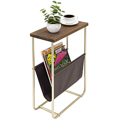 MyGift Living Room Side Table, Dark Brown Burnt Wood End Table and Brass Tone Metal Frame with...