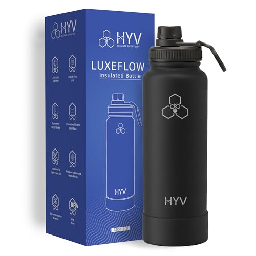 Image of HYV LuxeFlow Insulated Water Bottle 1 Litre | Stainless Steel Sipper Bottle for Adults & Kids | Hot & Cold Flask for Gym, Office, Travel | Leakproof BPA-Free with Straw & Carry Handle | Midnight Black