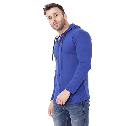 Image of Geum Men's Full Sleeve Hooded T-Shirt with Button-Down Front | Casual Slim Fit Cotton Shirt-Style Tee