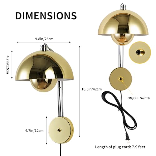 Image of COSYLUX Mid-Century Modern Bud Plug in Wall Sconces for Bedroom, Gold | Indirect lighting reading wall lamp, all-metal construction, plug-in or hardwired install, fits bedroom bedside, living room