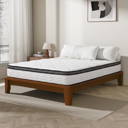 Dolonm Queen Size Bamboo Bed Frame with 12” Mattress-Medium Hybrid Firm, Bed Frame and Mattress Set, Bamboo Mattress Topper, Pressure Relief, Motion Isolation(Walnut