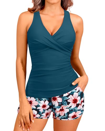 Image of Women Tankini Swimsuits with Shorts - Two Piece Tummy Control Bathing Suits Top with Two Pockets Bottom Swimwear