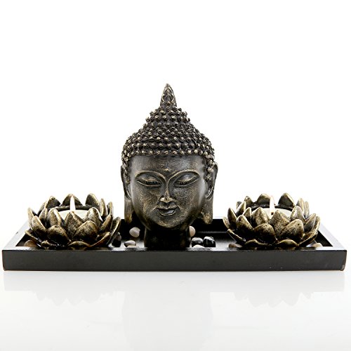 Mygift® Lotus Tea Light Candle Holders With Buddha Head Sculpture And Wood Display Tray #TOP1