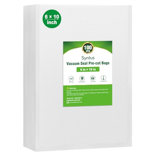 Image of Syntus 100 Pcs Vacuum Sealer Bags for Food, Pint Size 6x10, BPA Free | Precut Bags, Sous Vide Microwave Freezer Safe, Meal Prep, Food Vacuum Storage, For All Vacuum Sealers