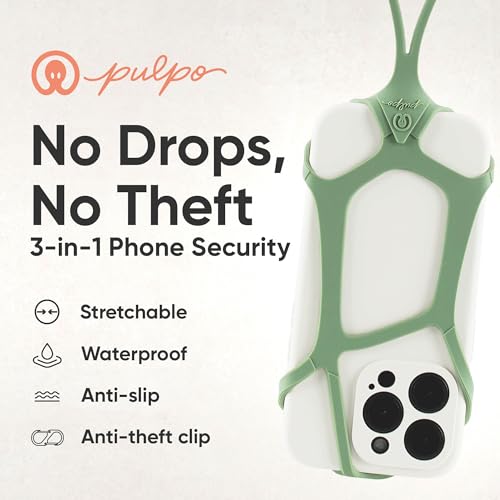 Image of Pulpo Safety Cell Phone Lanyard Green Fits Smartphones 6.1 to 6.8 inch - Anti Theft Phone Strap for Men & Women, Lanyards for Phones, Hiking Phone Holder & Cellphone Lanyard, Silicone Crossbody Straps