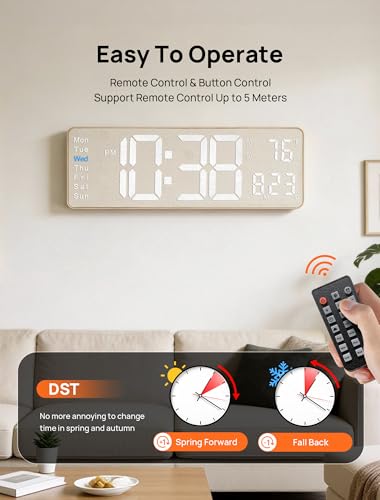 Image of MASHI 2026 Upgrade Digital Wall Clock, 16 inch Large Display Digital Clock with Remote Control, Auto-Dimming Wall Clock with Night Light, DST, Date Week,Temp for Living Room, Gift for Elderly (Beige)
