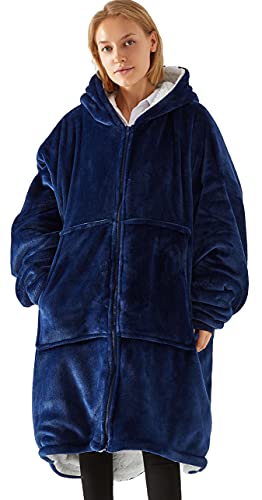 Vancavoo Felpa con Cappuccio Oversize Donna Uomo Gigante Coperta Indossare Plaid con Maniche e Cappuccio Coperta Felpa Sweatshirt Cappotto con Cerniera Tasca,Marina Militare